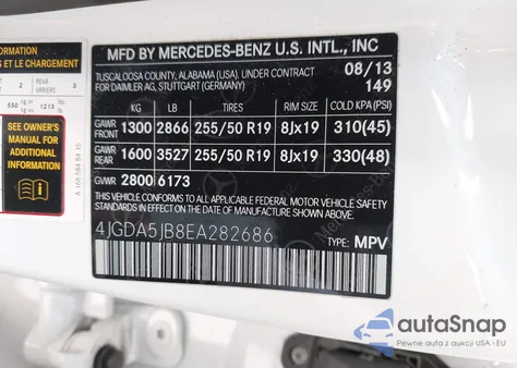 2014 Mercedes-Benz Ml 350 from USA, damaged, VIN 4JGDA5JB8EA282686